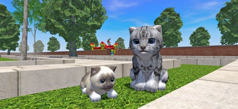 Cute Pocket Cat 3D - Part 2 - Les utilisateurs peuvent explorer un monde 3D vibrant et y rencontrer d'autres chats, soulignant l'interaction entre le petit chaton et le grand chat dans un cadre verdoyant.