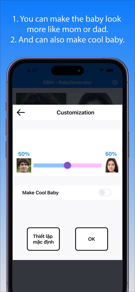 BabyGenerator Guess baby face - Explore the customization features, allowing users to adjust parental resemblance percentages and activate a 'Make Cool Baby' option.