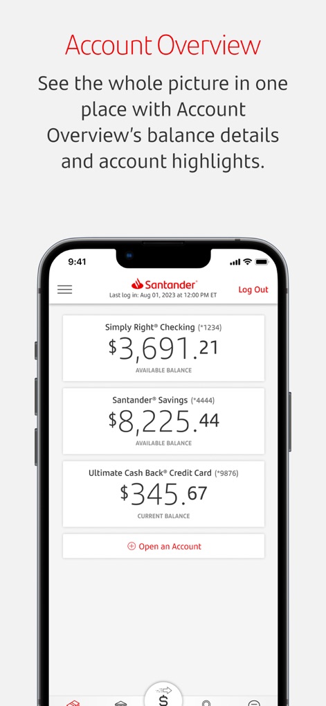 Santander Bank US - Users gain a comprehensive financial snapshot, seeing all consolidated account balances and precise last login timestamps for enhanced security and oversight.