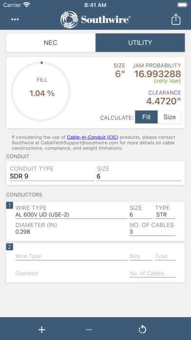 Southwire® Conduit Fill Calc Screenshot