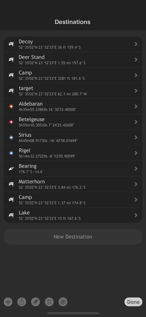 Spyglass - The app provides a comprehensive destination list, allowing users to efficiently manage numerous waypoints and view their precise coordinate and bearing details.