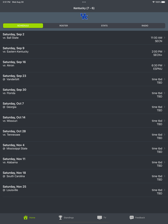 Kentucky Football Schedules