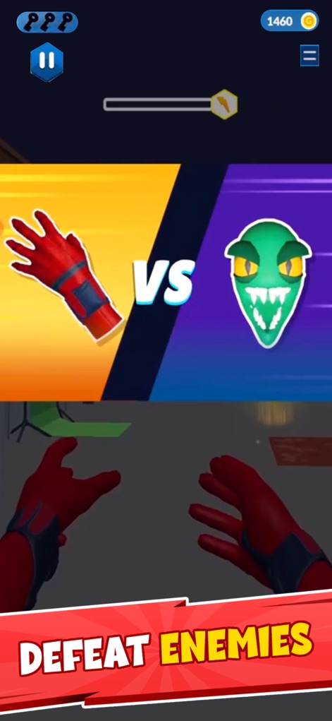 Web Master 3d! - Users can preview upcoming confrontations with distinct 'VS' screens and prepare to engage enemies with their web-shooting hands.