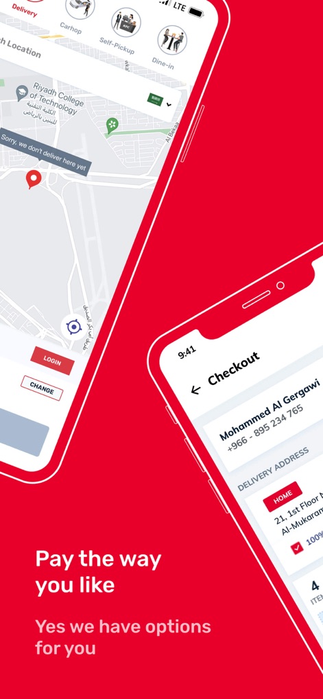 KFC Saudi Arabia - The checkout process supports diverse payment options, including secure online payments, and clearly displays the chosen 'Delivery Address' for confirmation.
