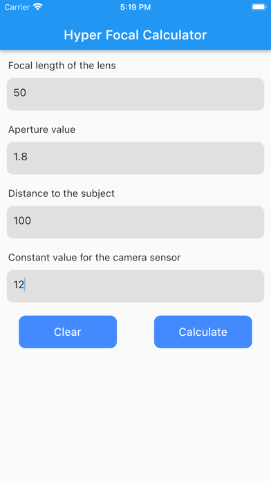 Screenshot #1 pour Hyper Focal Calculator