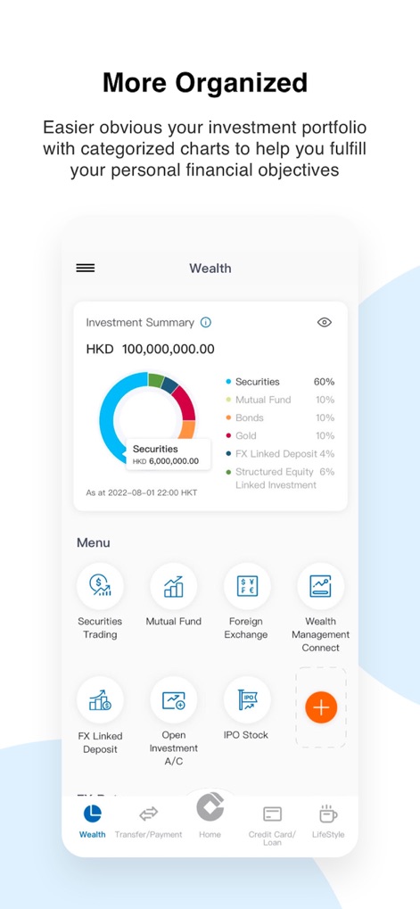 CCB (HK&MO) Mobile App - The 'Wealth' channel provides an intelligent 'Investment Summary' with categorized charts to help users visualize their portfolio breakdown and explore options like 'Securities Trading'.
