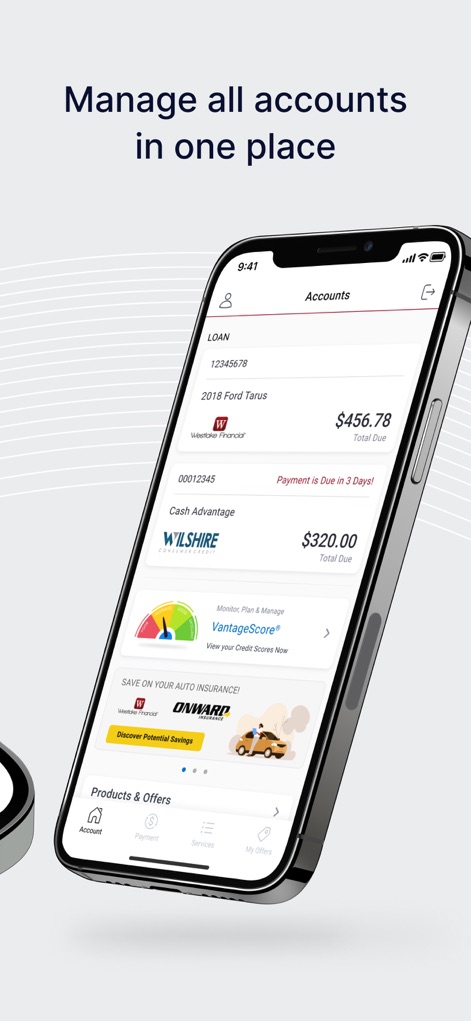 Westlake MyAccount - Users can easily manage their diverse financial products, observing multiple loan accounts and benefiting from integrated features like the VantageScore widget.