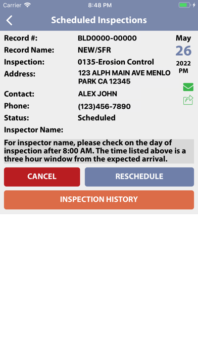 Menlo Park Inspection Request Screenshot