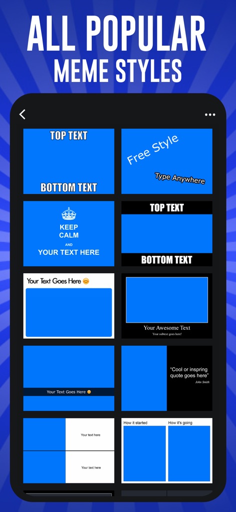 Meme Maker Pro: Make Memes - Explore a vast collection of meme styles, from classic 'Top Text, Bottom Text' formats to flexible 'Free Style' options, providing versatility for every meme idea.