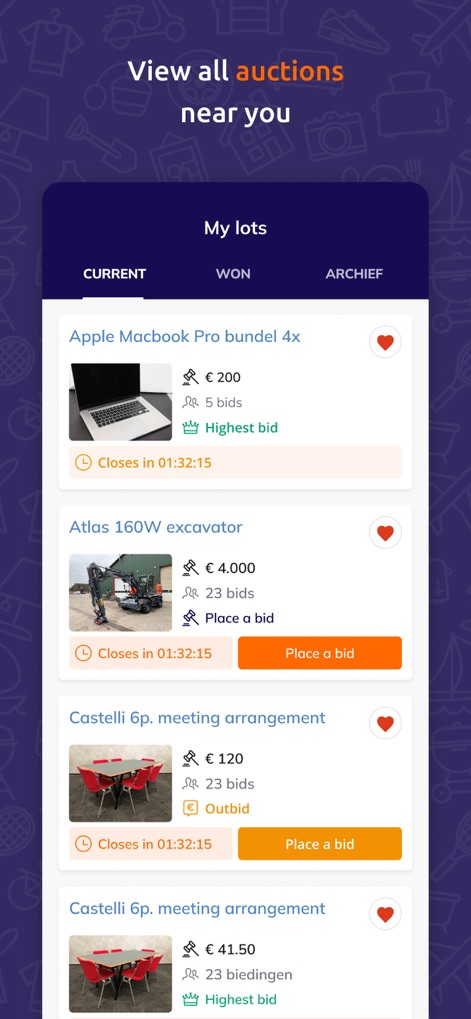 Troostwijk Auctions: Veilingen - This feature allows users to efficiently monitor their bidding activity through distinct 'CURRENT' and 'WON' tabs, clearly indicating lot status like 'Highest bid' or 'Outbid'.