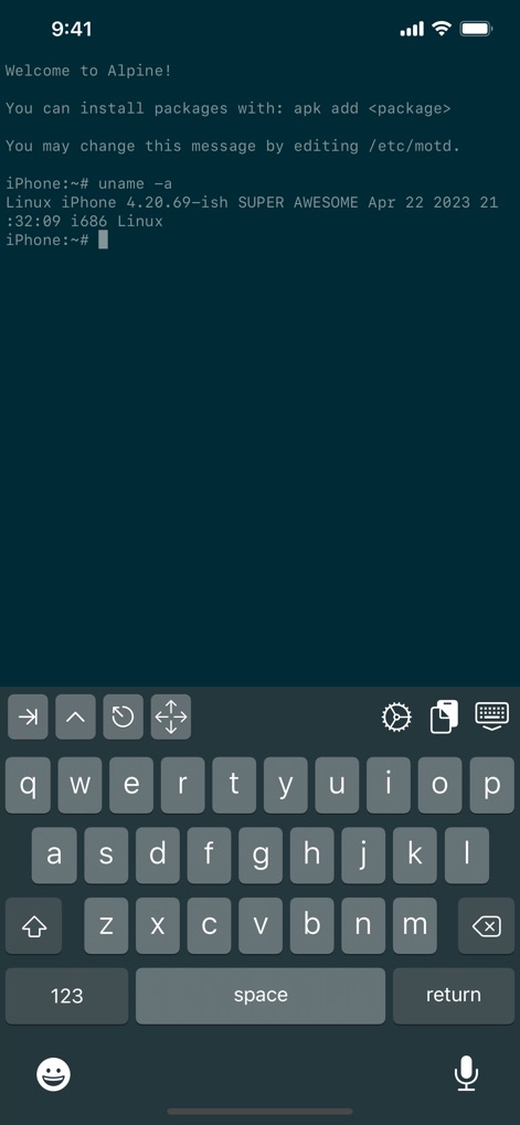iSH Shell - Découvrez l'environnement Linux complet de l'application, illustré par l'exécution de commandes système telles que uname -a. Les utilisateurs bénéficient également d'un clavier virtuel optimisé, intégrant des touches de contrôle essentielles pour une interaction fluide avec la ligne de commande.