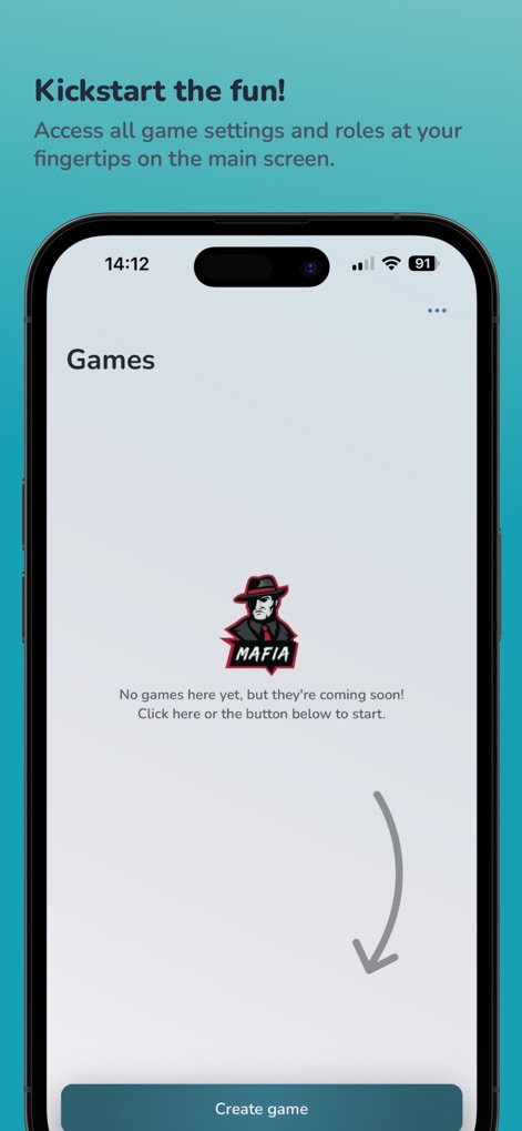 Mafia - Role game - Users can instantly begin a game from the intuitive 'Games' screen, featuring a prominent 'Create game' button for quick access.