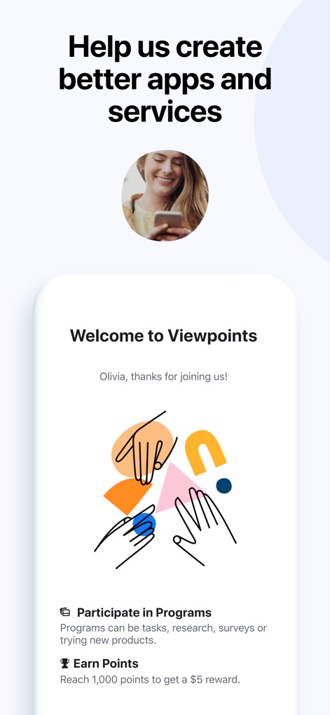Meta Viewpoints - Die App begrüßt neue Nutzer mit einer persönlichen Nachricht und erklärt anschaulich die Teilnahme an Programmen und den Punkteverdienst.