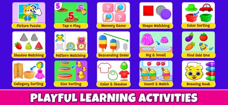 Toddler & Preschool Kids Games - L'application propose une collection variée de 15 activités éducatives, allant des jeux de mémoire stimulants au tri des couleurs, pour un apprentissage complet.