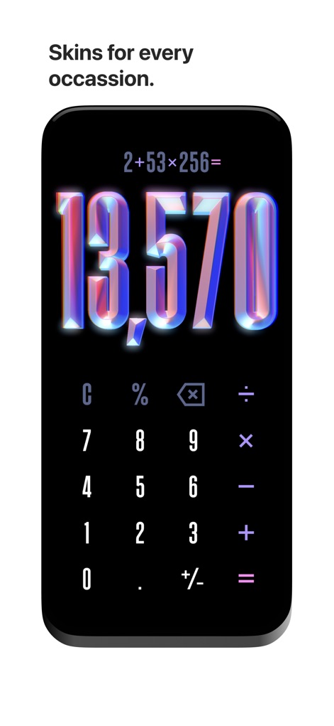 (Not Boring) Calculator - Explore the app's extensive personalization options, showcasing diverse skins that transform its look and feel, and highlighting big, readable result numbers.