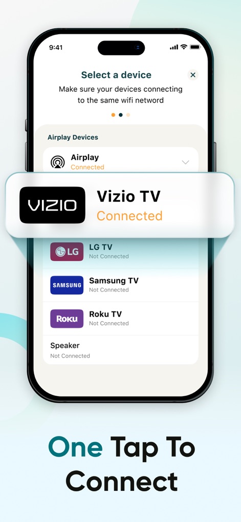 Screen Mirroring - TV Cast - This tool simplifies device pairing, displaying a clear list of available "Airplay Devices" and confirming the "Connected" status for a chosen Smart TV.