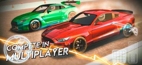 Drift legends - ユーザーは、鮮やかな赤と緑のスポーツカーが並走するスリリングなレースシーンを通して、マルチプレイヤー対戦の興奮を体験できます。