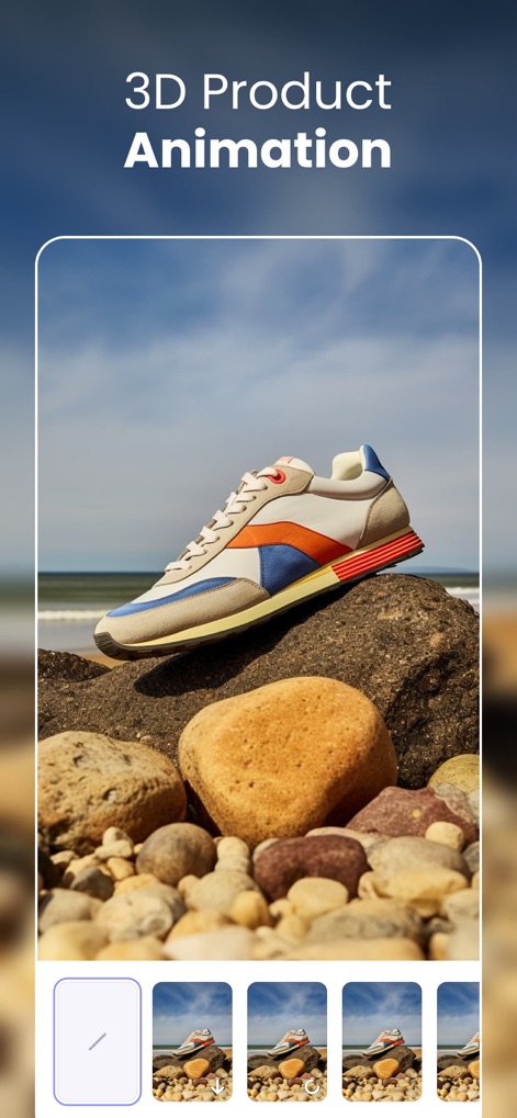 AirVid-AI Quality Enhancer Pro - Die App unterstützt die Erstellung dynamischer 3D-Produktanimationen, wie hier mit einem Schuh am Strand gezeigt, was vielseitige Präsentationsmöglichkeiten für Objekte bietet.