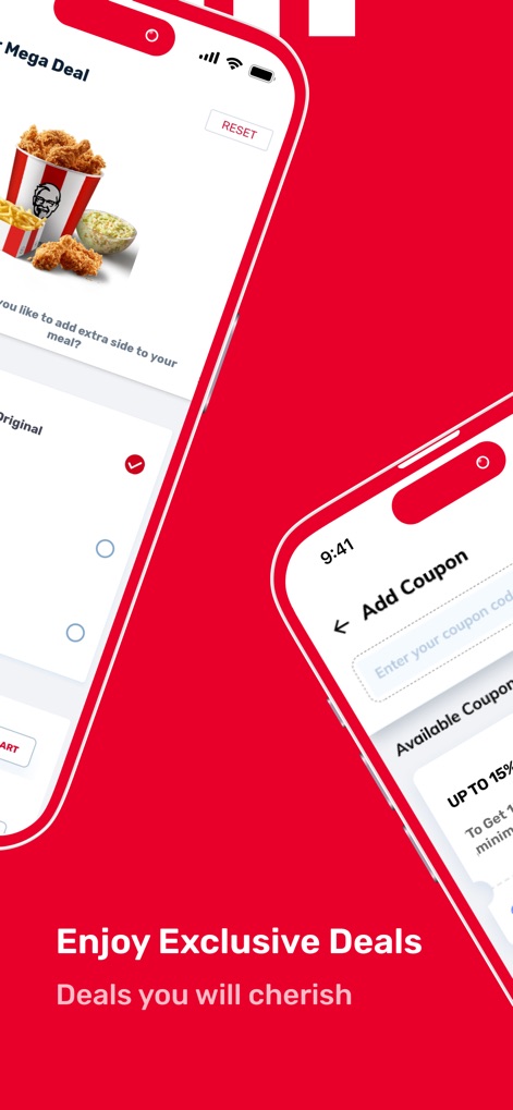 KFC UAE - Order Food Online - Users can easily apply discounts through an "Add Coupon" input field and choose from various "Available Coupons" like "KFC15" to maximize savings.