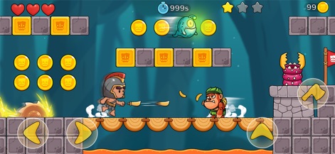 Jungle Adventure: Tribe Boy - La aplicación muestra a Tribe Boy con armadura romana luchando contra un enemigo similar a un mono, con plataformas de madera sobre un fondo de lava ardiente.