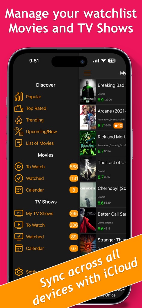 My Movies & TV Shows Watchlist - 本ツールは、「Discover」セクションと「To Watch」リストの表示を通じて、ユーザーが視聴予定のコンテンツを効率的に管理できることを示しており、さらにiCloud同期機能がデバイス間の連携を保証します。
