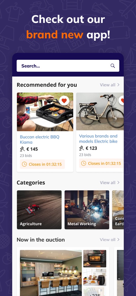 Troostwijk Auctions: Veilingen - The app offers a streamlined experience for finding items, featuring prominent "Recommended for you" sections and diverse 'Categories' like Agriculture.