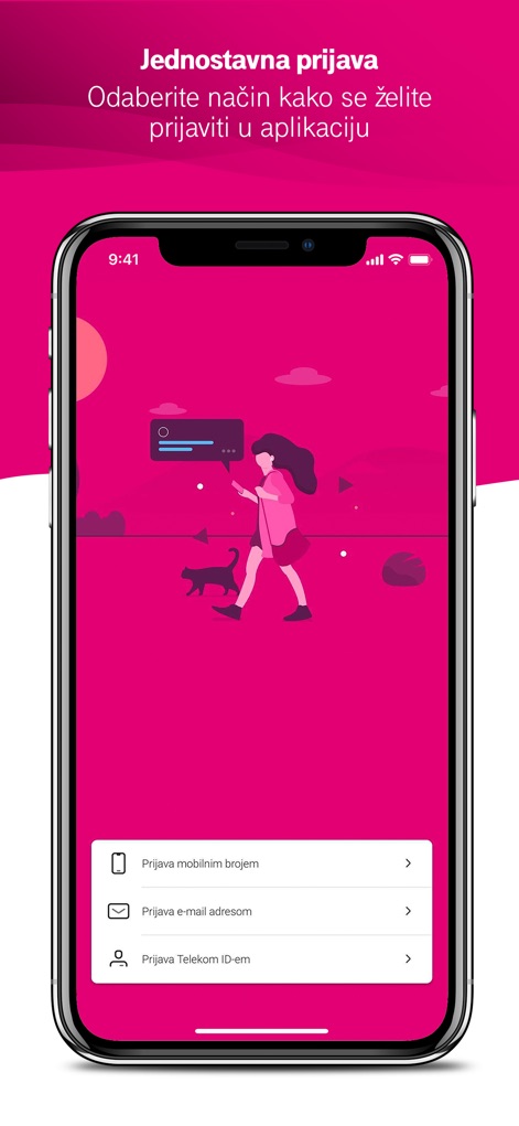 Moj Telekom HR - L'app offre diverse opzioni per l'accesso, consentendo agli utenti di scegliere tra la 'Prijave mobilnim brojem' o la 'Prijave e-mail adresom' per maggiore comodità.