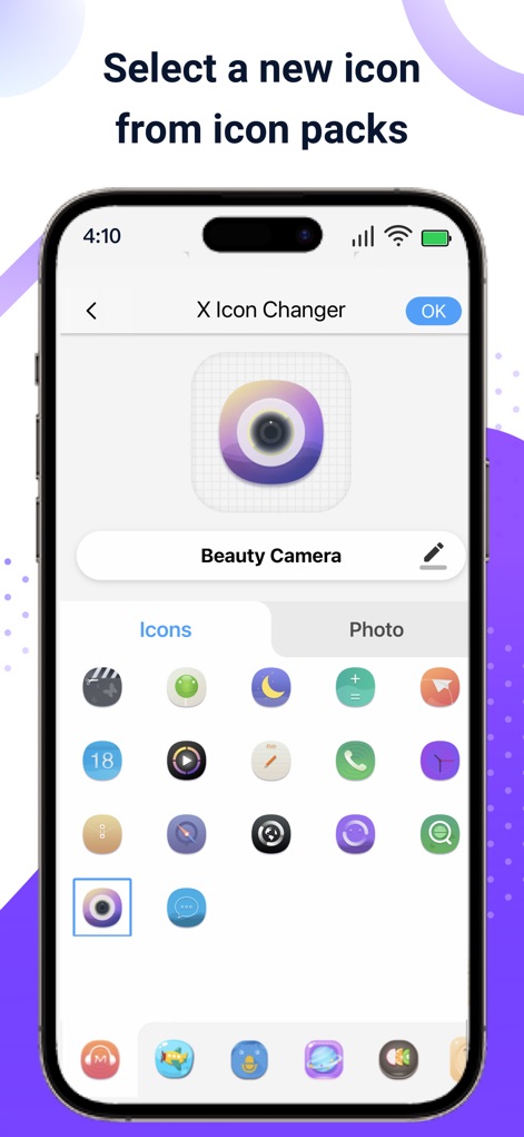 X Icon Changer: Customize Icon - Esta interfaz permite a los usuarios elegir nuevos iconos de packs temáticos predefinidos, con una vista previa clara del icono seleccionado y la opción de navegar por diversas categorías.