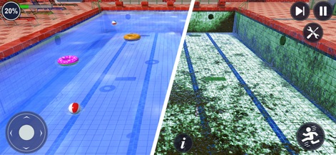 Swimming Pool Cleaning Games - Esta captura de tela demonstra vividamente a transformação alcançada pelo aplicativo, apresentando uma piscina limpa e cristalina ao lado de uma piscina suja e coberta por limo.