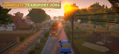Farm Sim 2024 - L'app offre missioni di trasporto variegate, evidenziate dal camion che trasporta tronchi e dal pickup carico di fieno, attraversando la campagna sotto un sole splendente.