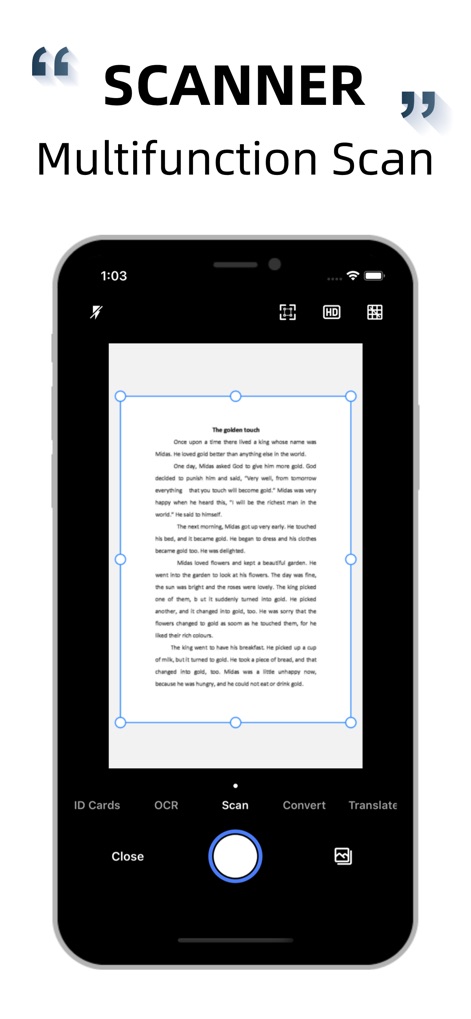 Scanner: Document Scan App - Esta tela exibe o recurso de digitalização rápida com detecção automática de bordas em azul, enquanto a barra de navegação inferior revela opções como 'ID Cards' e 'OCR' para diversas funcionalidades.
