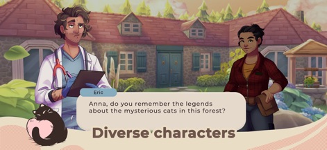 Cat Rescue Story - Uma cena de diálogo apresenta Eric e Anna em frente a uma casa encantadora, ilustrando a rica narrativa e a interação com moradores da vila que o jogo oferece.