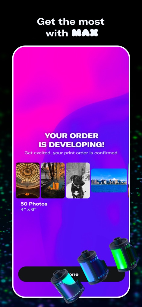 Dispo: Retro Disposable Camera - Review the print order confirmation, showcasing detailed photo previews and the specified quantity of "50 Photos" for physical delivery.