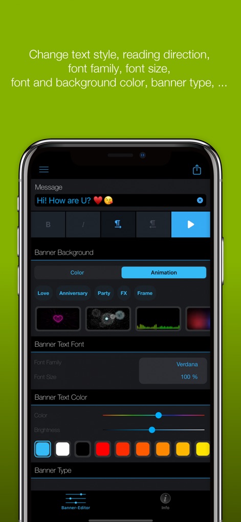 LED Banner Pro: Marquee maker - Explore the comprehensive customization options within the app, allowing users to precisely adjust 'Banner Text Font' parameters and select from various 'Banner Background' styles and animations.