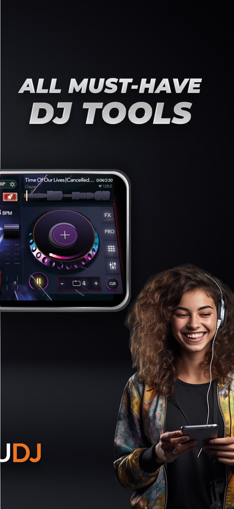 YouDJ Mixer - Easy DJ app - Observe the comprehensive suite of tools available, including dedicated loop controls for dynamic track extensions and clearly marked CUE buttons for perfect track entry points.