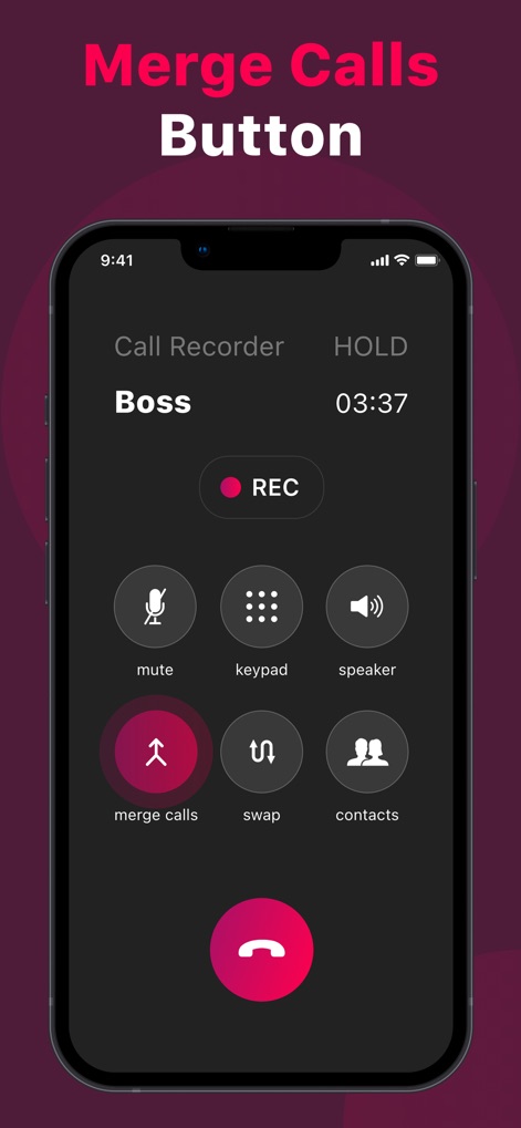 Call Recorder - Phone ACR - The app provides advanced in-call options, including a dedicated 'merge calls' button and distinct controls for mute and speaker, enhancing flexibility during conversations.