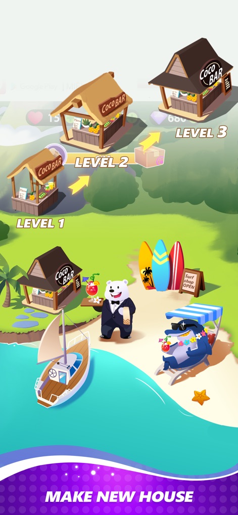 Catch Tiles - Piano Game - The app allows players to progress through levels by building and customizing vibrant environments, such as a lively beach scene with various adorable animal characters.