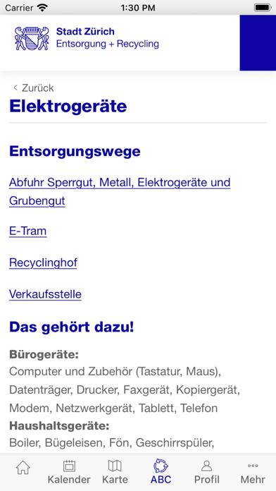Entsorgung + Recycling Zürich Screenshot