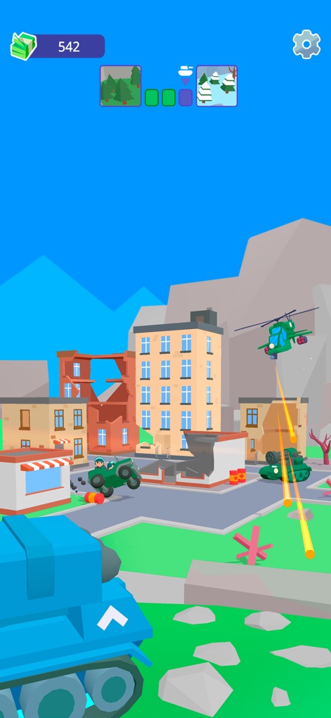 Tank Sniper: 3D Shooting Games - The app illustrates ongoing battle dynamics with a green helicopter and enemy tank, set against a backdrop of visually damaged buildings, showcasing continuous action.