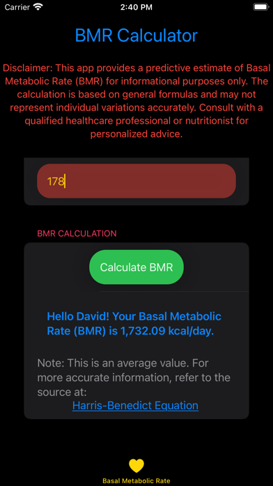 Screenshot #3 pour Basal Metabolic Rate App