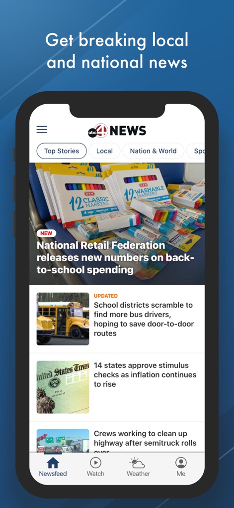 ABC NEWS 4 - L'app offre un feed dinamico di notizie, presentando sia le schede di navigazione per "Local" e "Nation & World" che i titoli degli articoli più recenti per un aggiornamento costante.