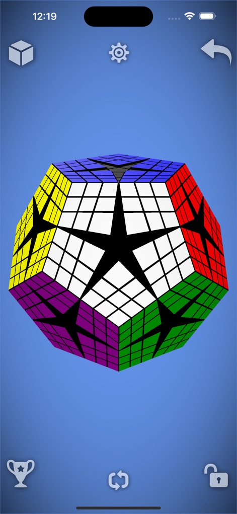 Magic Cube Puzzle 3D - Die Abbildung verdeutlicht die Komplexität des Megaminx-Puzzles durch die Vielzahl kleiner Segmente und die detaillierte Darstellung der Sternform auf jeder fünfeckigen Fläche.