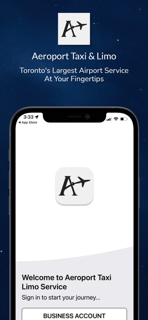 Aeroport Taxi & Limo Service - 本アプリのウェルカム画面では、迅速な乗車予約のための簡潔なサインインプロセスと、ビジネスアカウントの登録オプションが提供されます。