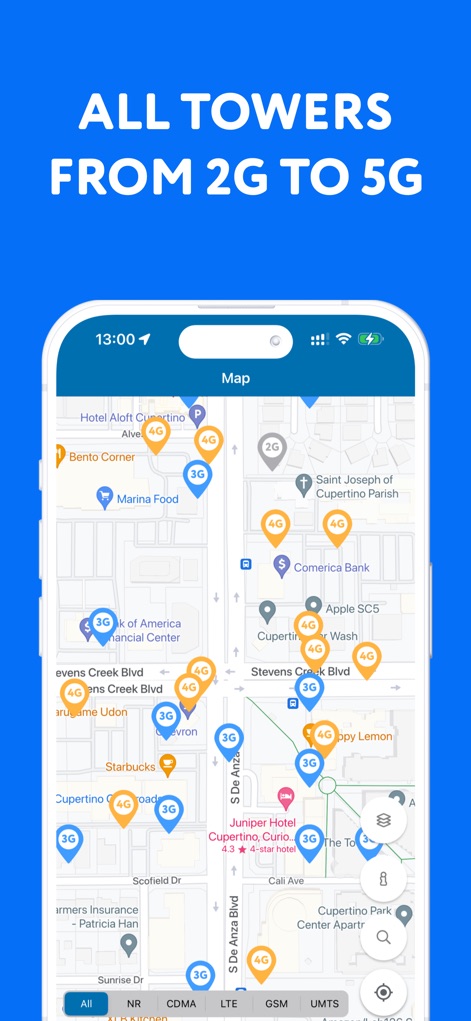 Cellular Tower - Signal Finder - Questa schermata illustra una mappa geografica interattiva (X) arricchita da marcatori distintivi che segnalano torri cellulari di diverse generazioni, dal 2G al 5G (Y), fornendo una panoramica completa della copertura di rete.