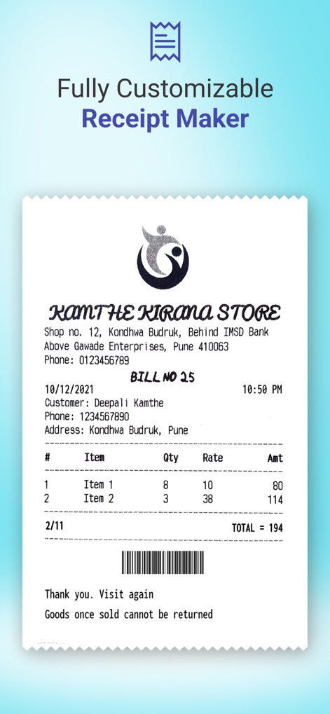 Bluetooth Mini Thermal Printer - This app offers comprehensive tools for crafting fully customized receipts, evident in its detailed itemized list section and the automatically generated barcode.