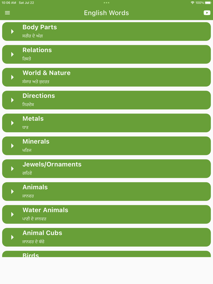 Daily Words English to Punjabi