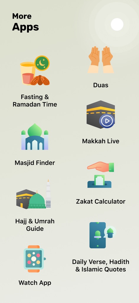 Islamic Calendar & Prayer Apps - The app presents an extensive collection of integrated Islamic tools, easily navigable through clear icon-based access to features like the Masjid Finder and Hajj & Umrah Guide.