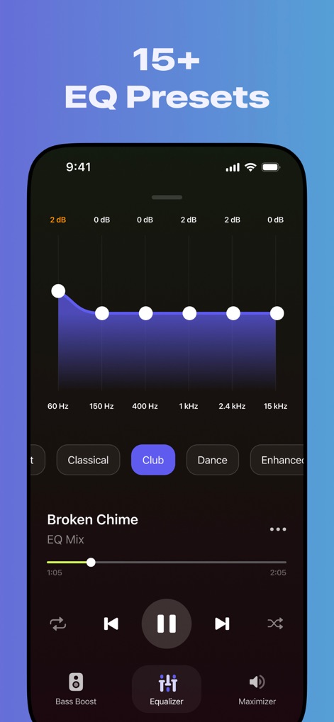 Bass Booster + Sound Equalizer - The app offers advanced graphical equalizer controls with specific frequency bands and a wide range of genre-based presets for instant sound optimization.