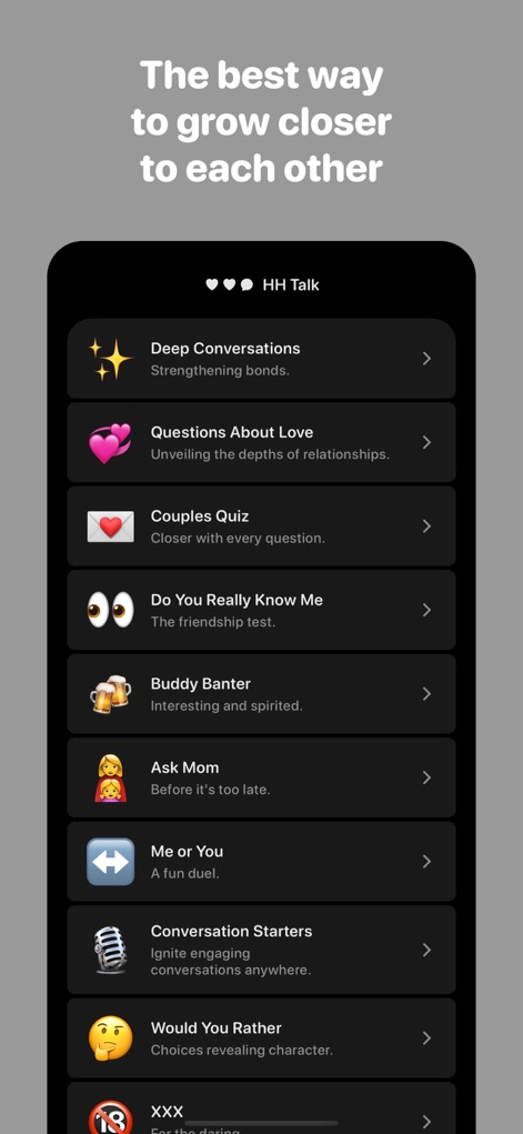 HH Talk - Deep Conversations - 本アプリのメイン画面では、「Deep Conversations」や「Questions About Love」など、ユーザーの興味に応じた多岐にわたる質問パックのリストが明確に表示されており、HH Talkのブランド名も確認できます。