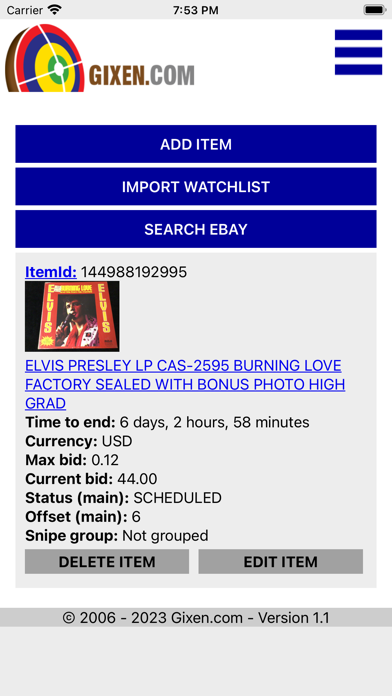 Gixen eBay Auction Sniper Screenshot